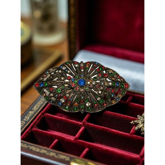 Victorian Filigree Coat Brooch Large 3" (missing some rhinestones) Vtg Art Deco - Picture 3 of 8